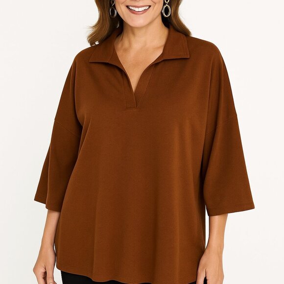Crown & Ivy Medium V-Neck Brown Tunic Cotton Shirt Classic Preppy Retro Fall Top - Picture 1 of 6